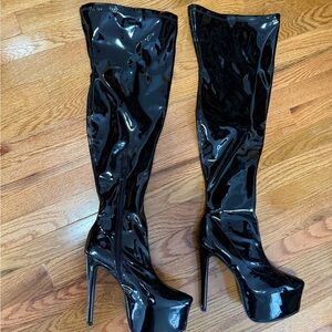 Fashion Nova Glossy Black Heeled Boots
